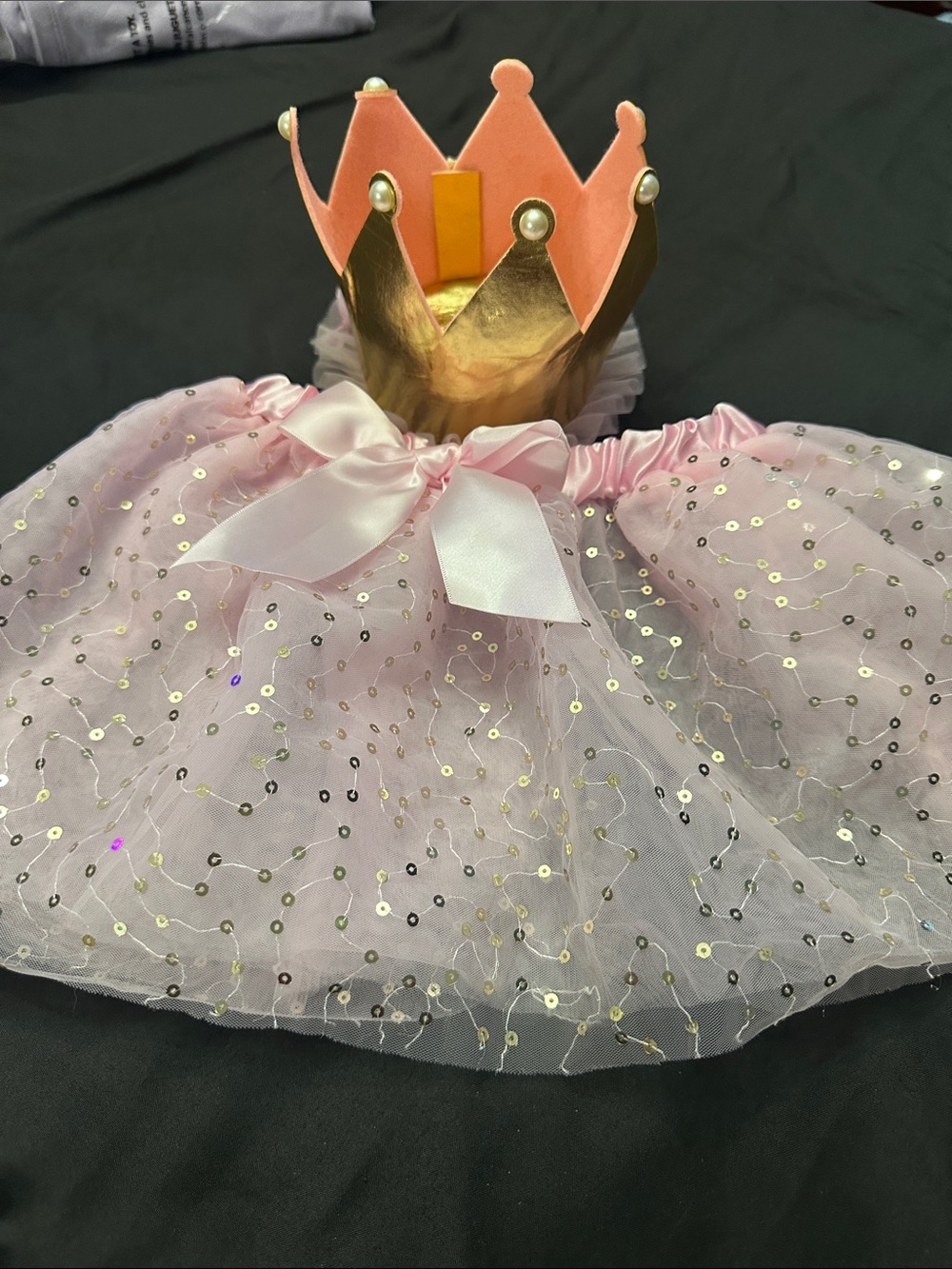 Pink Sequin Princess Tutu Dress with Gold Crown for dogs